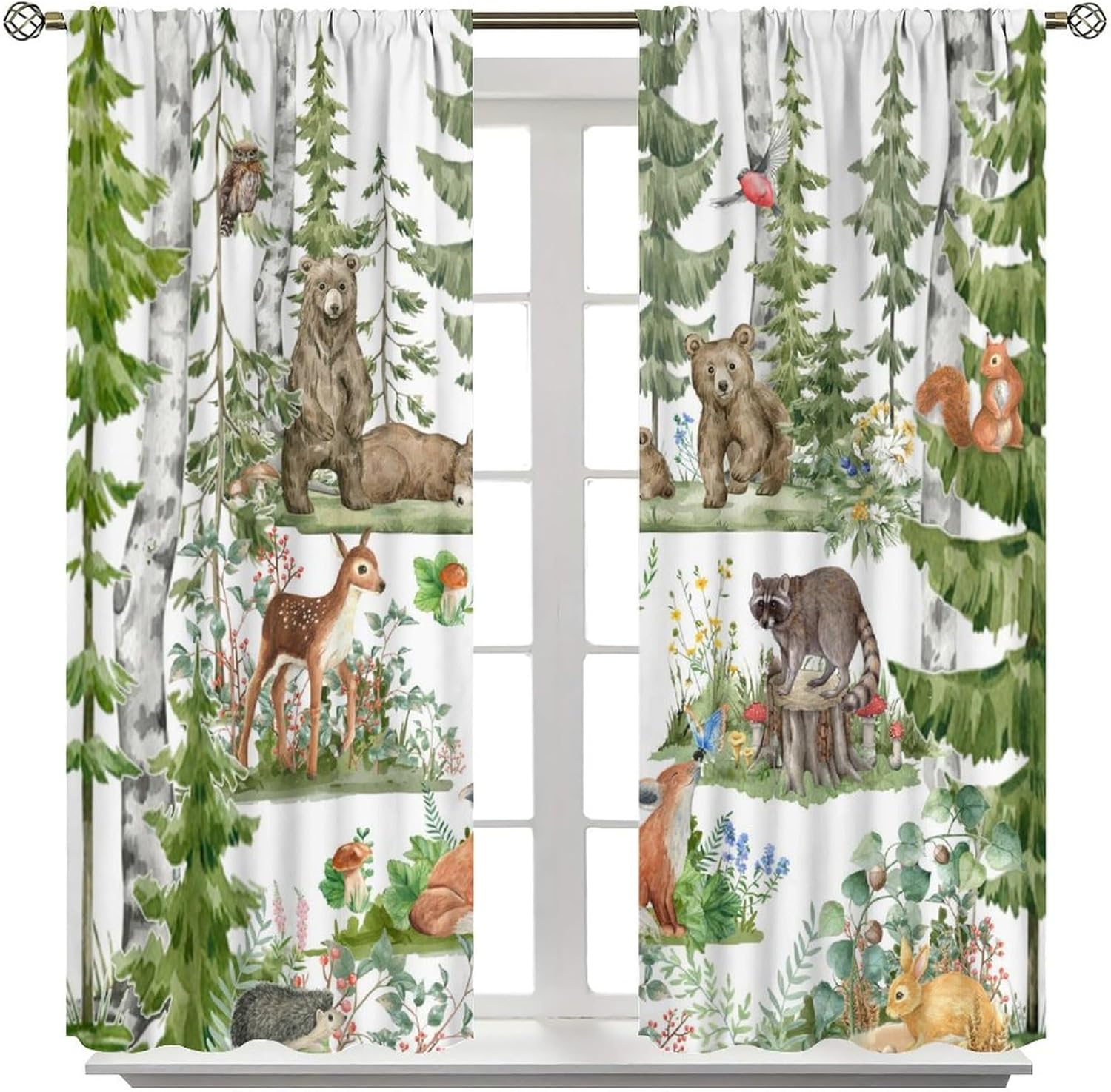 子供用の森の動物カーテン、水彩画の野生動物、クマ、キツネ、鹿 - Baby Nursery Tree のレビューと価格