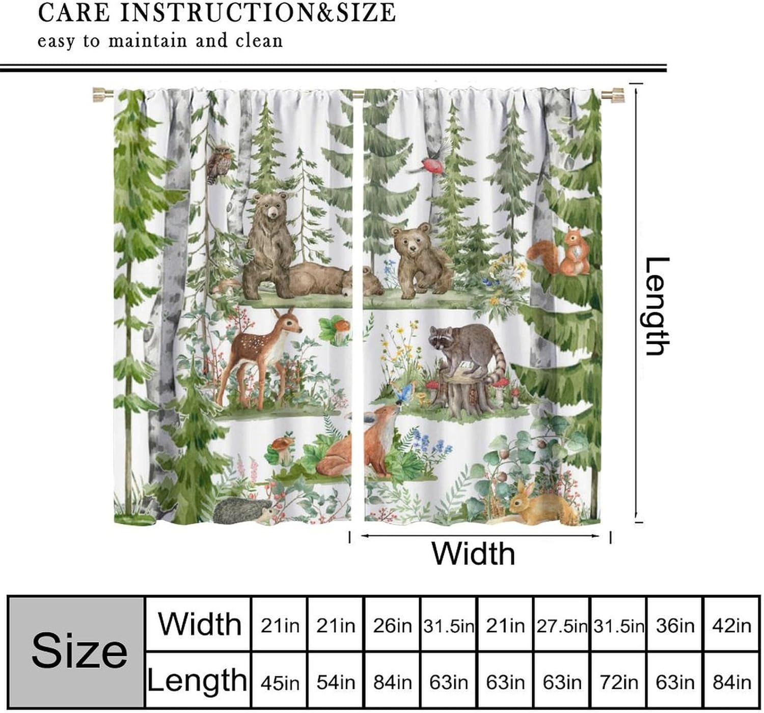 子供用の森の動物カーテン、水彩画の野生動物、クマ、キツネ、鹿 - Baby Nursery Tree のレビューと価格