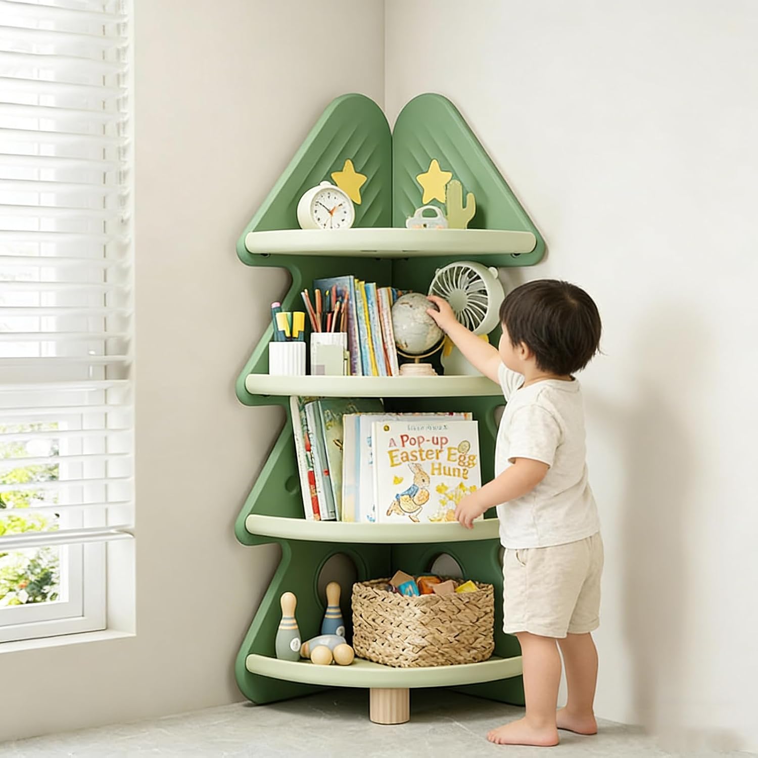 4段コーナーブックシェルフおもちゃ収納オーガナイザーツリーブ - Baby Nursery Bookshelf のレビューと価格