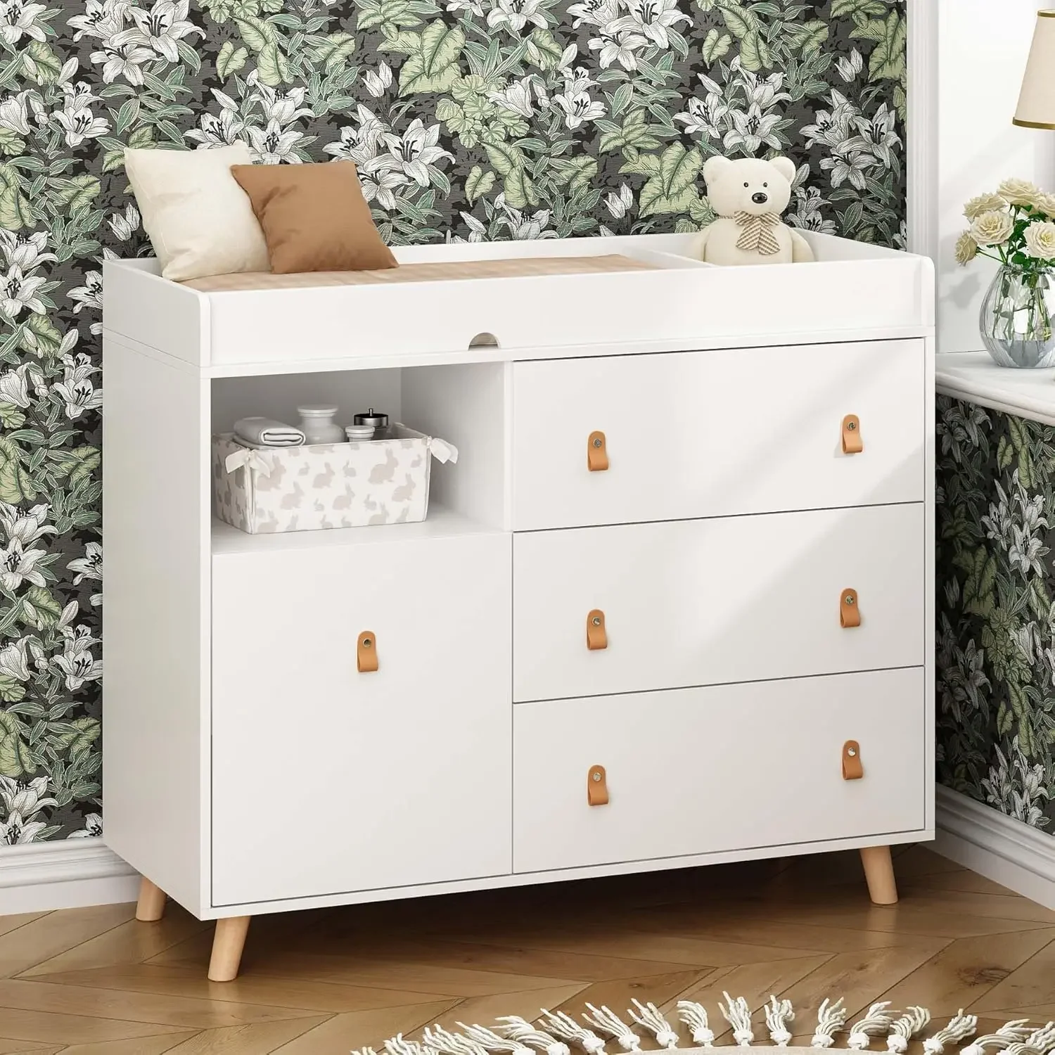 ベビー用チェスト兼おむつ替え台、引き出しと棚付き、隠しランド - Baby Nursery Dresser Changing Table のレビューと価格
