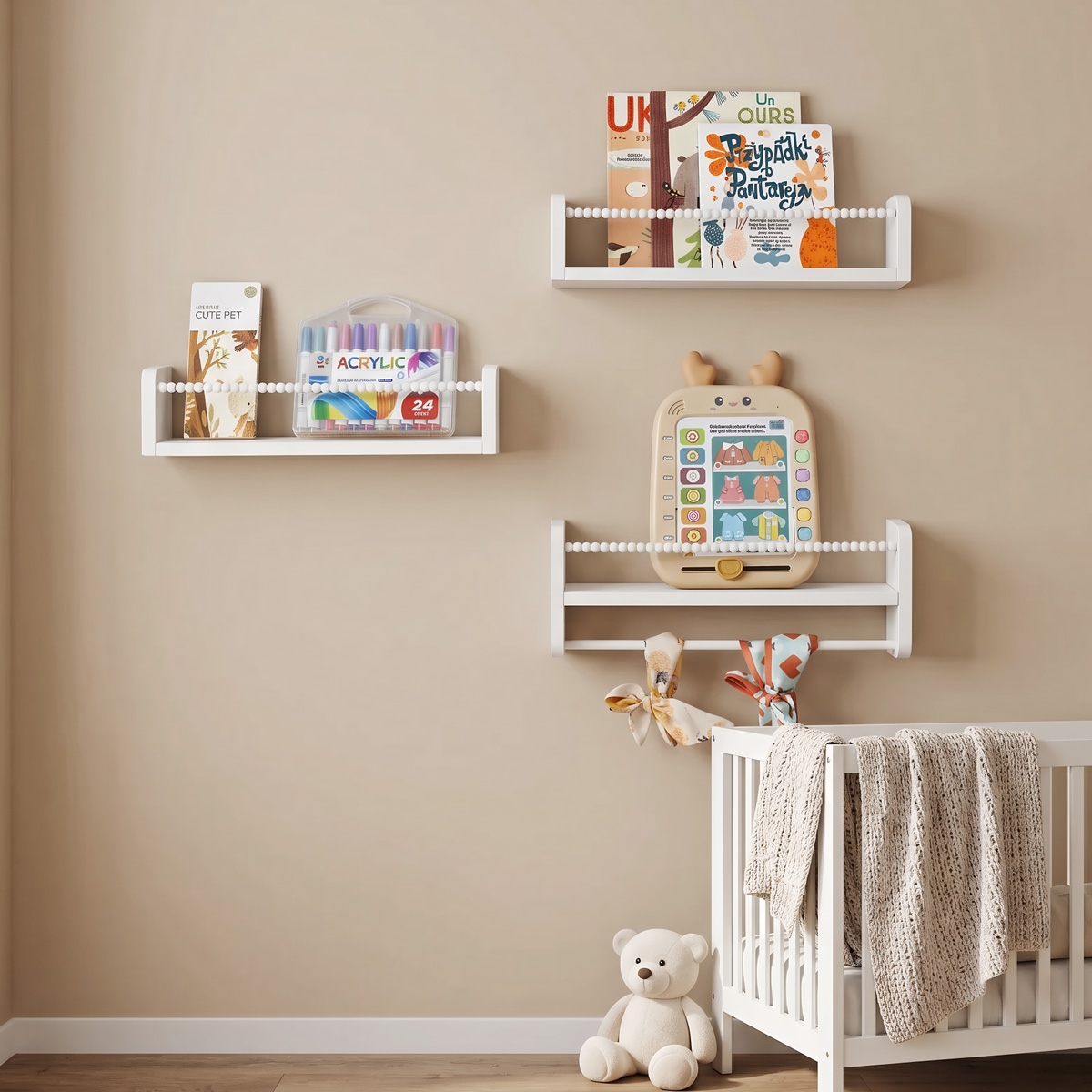 壁掛け式フローティングナーサリーブックシェルフ、子供部屋寝室 - Baby Nursery Bookshelf のレビューと価格