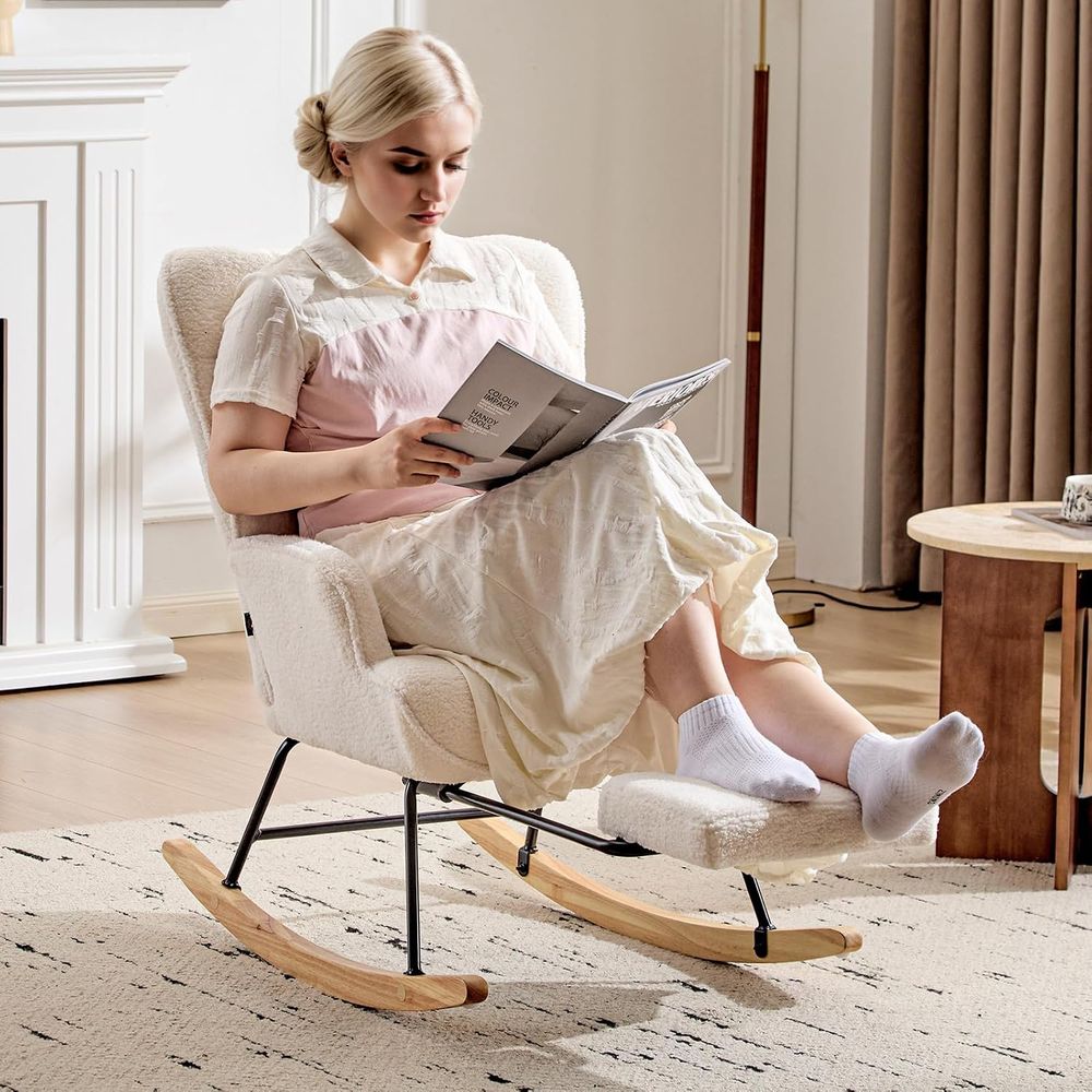 布張りグライダーロッキングチェア、格納式フットレスト付き - - Baby Nursery Rocking Chair のレビューと価格